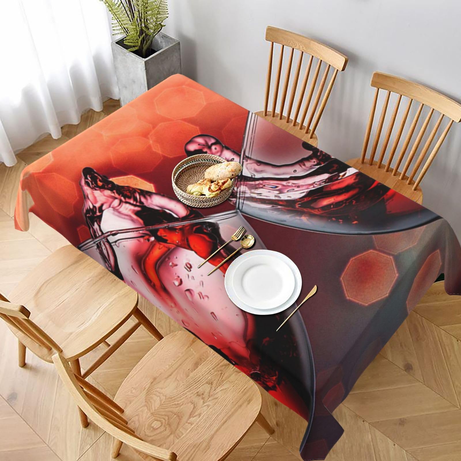 BNVSADC Red Wine Glass Cheers Printed Rectangle Tablecloth 228x152 CM, Water Resistant Polyester Table Cloth Decorative Fabric Table Covers for Kitchen Dining Table Parties Camping