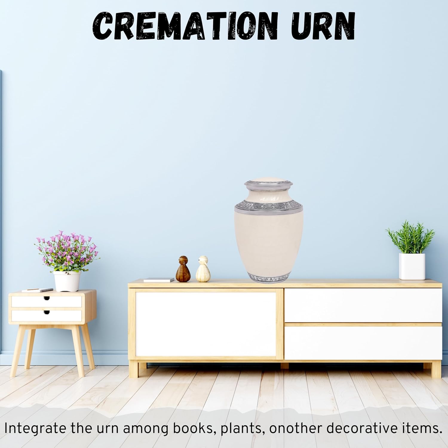 Lightweight Metal Cremation Urn for Human Ashes - Decorative Metal Memorial Urn for Adults, Secure Screw Lid, Durable Burial Urn for Home, Funeral, Men & Women 10 (White & Silver) - CLEENTABLE