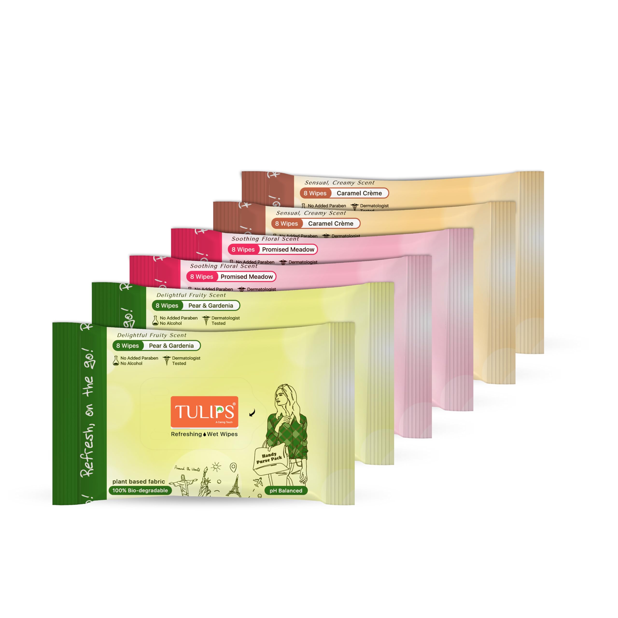 Tulips,Biodegradable Refreshing Pocket Wipes: Compact Care for On-the-Go Moments"delightful scent ,gentle and safe for all skin types(Caramel Creme, Pear & Gardenia and Promised Meadow Pack of 5) 8 wipes in a pack-image-11