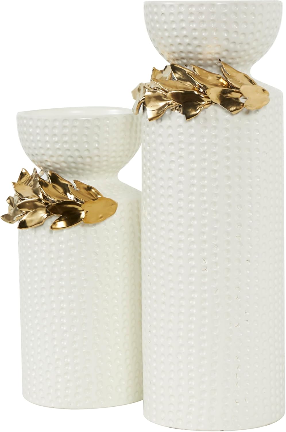 Deco 79 Ceramic Decorative Candle Holder Candle Stand with Abstract Spotted Pattern and Gold Leaf Accents, Set of 2 Candlestick Holder 12", 9" H, White