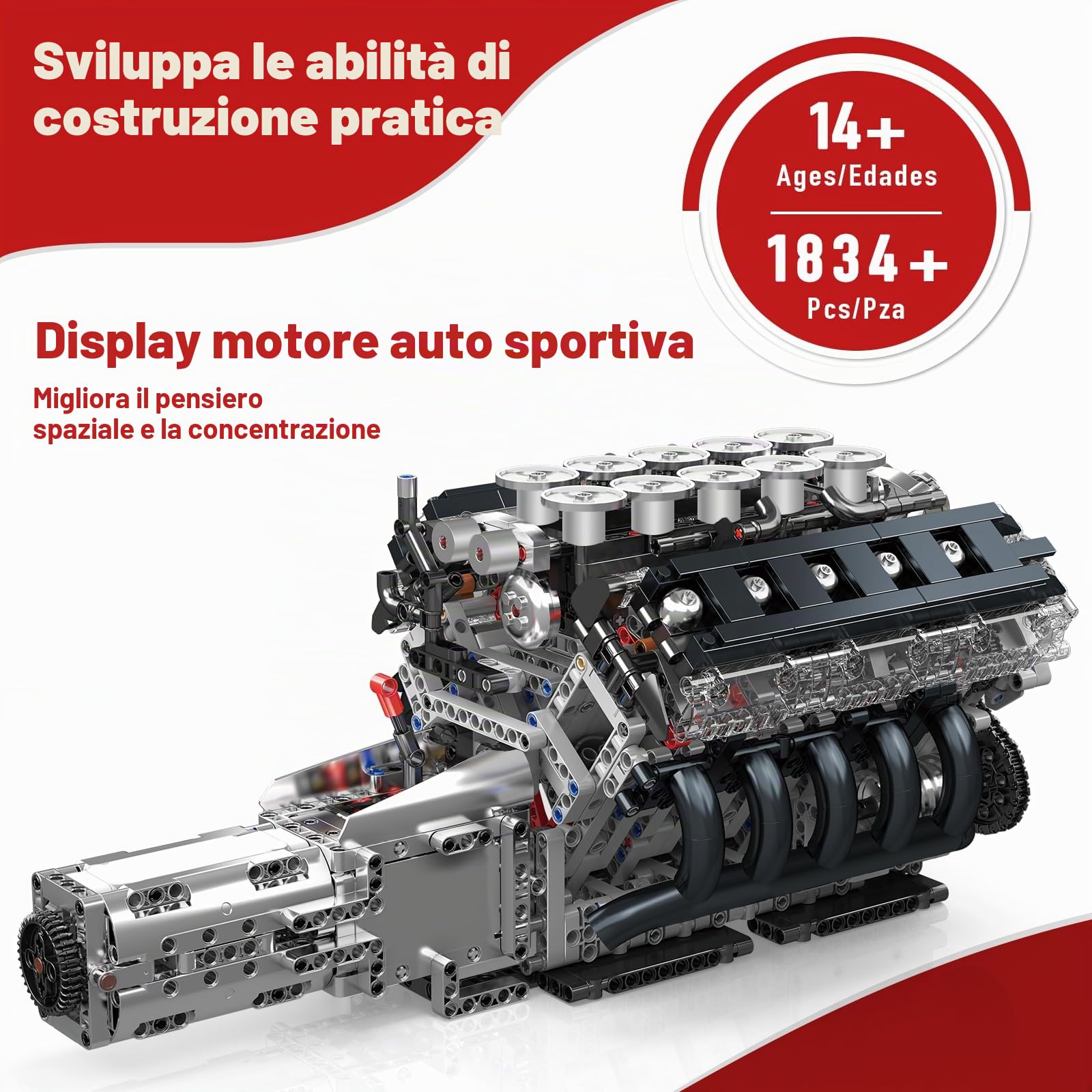 Mould King 10250 Technik V10 - Kit motore a benzina, mattoncini da costruzione LFA, motore con quattro marce, regali per adulti (1834 pezzi)