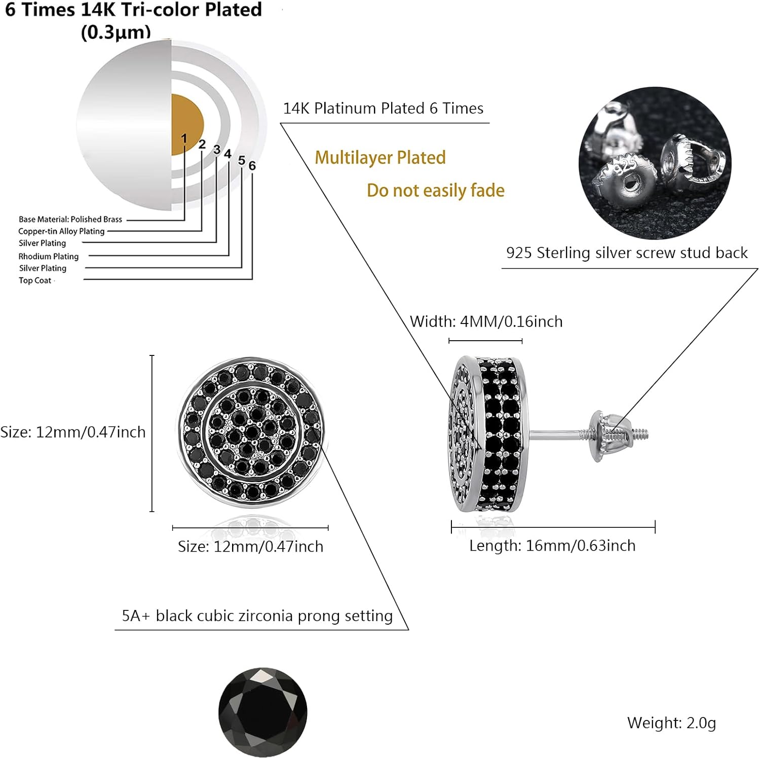 TOPGRILLZ Screw Back Earrings 14K Golden Plated 5A+ Cubic Zirconia Cluster Round Screw On Stud Earrings For Men Women Aretes De Hombre - Image 2