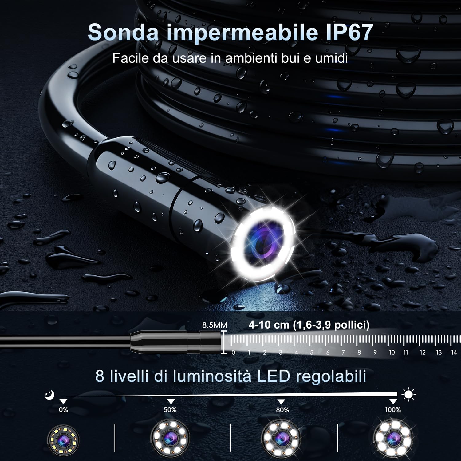 SKYBASIC Endoscopio Industriale, Telecamera di Ispezione HD 1080P con Schermo IPS da 4,3 Pollici, Telecamera Serpente IP67 Impermeabile con 8 LED, per Auto, Pareti e Scarichi ，Cavo Semirigido 5M