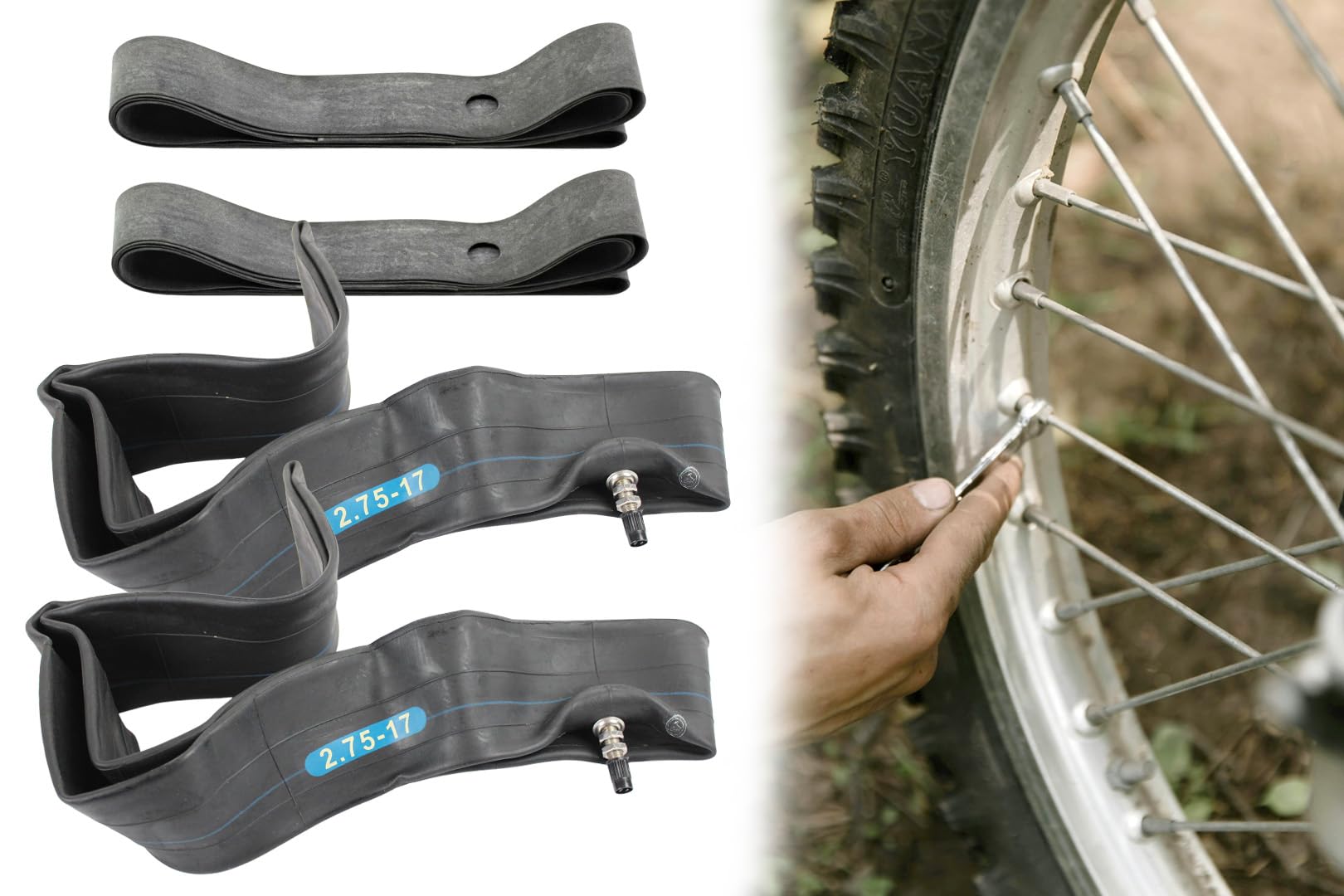 BISOMO 2x Schlauch 2.75 x 17 Zoll, verdickt extra robust, Autoventil gerade, für Simson S53 S83 + Felgenband für Kreidler Puch Zündapp Herkules, Moped, Motorrad, Mofa