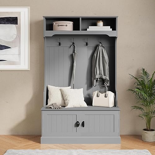 Miniatura 2 de Flash Furniture Fraser - Banco de puerta de árbol de pasillo, perchero con 4 ganchos dobles y 2 cubos de almacenamiento superiores, juego de 1, gris