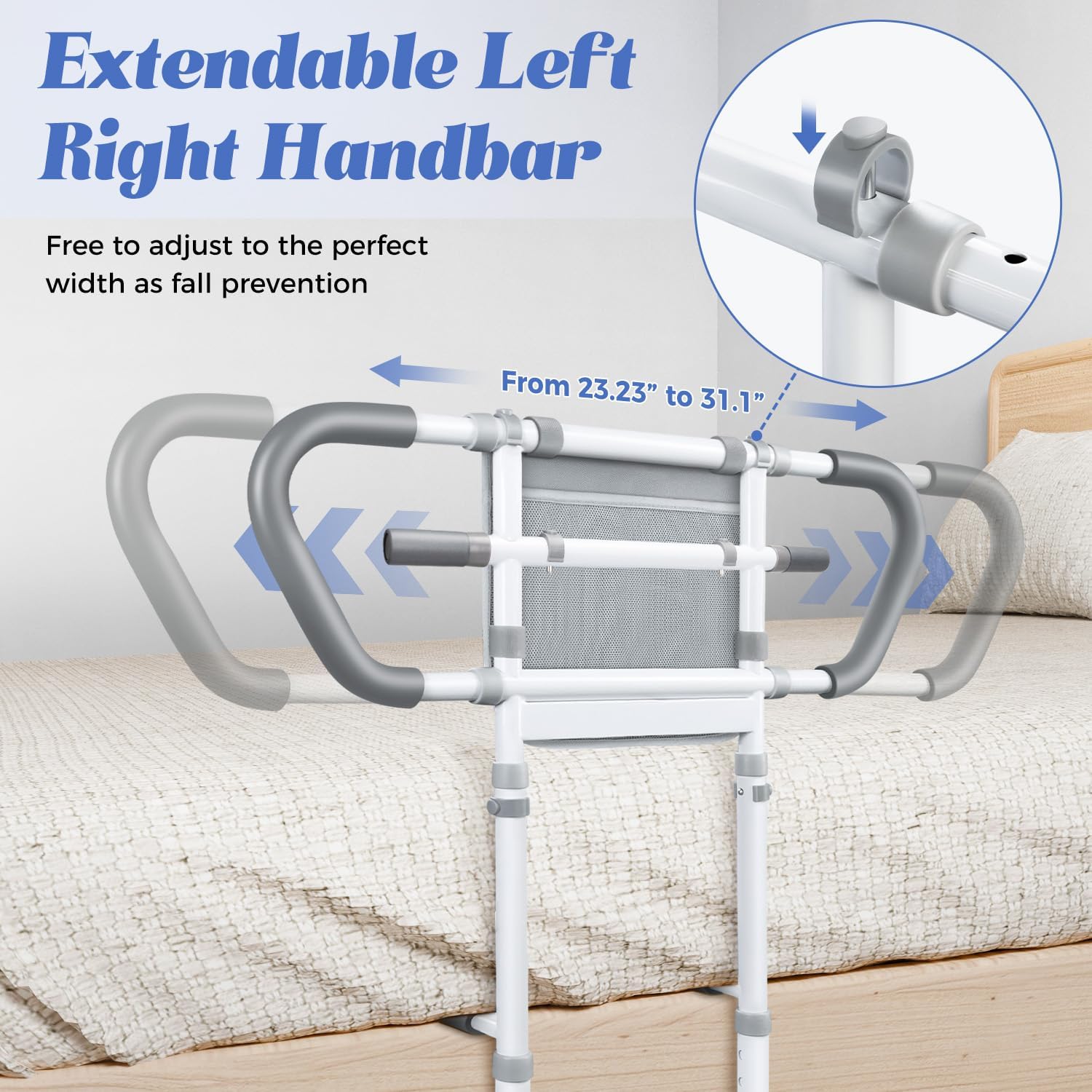Bedside Rail for Elderly Safety Adjustable Bed Aid with Storage Pocket, Non-Slip Handle, 400 lbs Gravity Capacity -Gray (Stand-Compatible with Bed Frames 13.19" or Higher)
