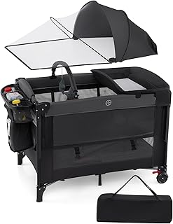 COSTWAY 5 in 1 Beistellbett, Reisebett Baby mit Matratze, Babybett höhenverstellbar mit Wickelauflage, Mosktionetz & Spielbogen, Stubenwagen mit Rollen & Tragetasche für bis 36 Monaten, Schwarz