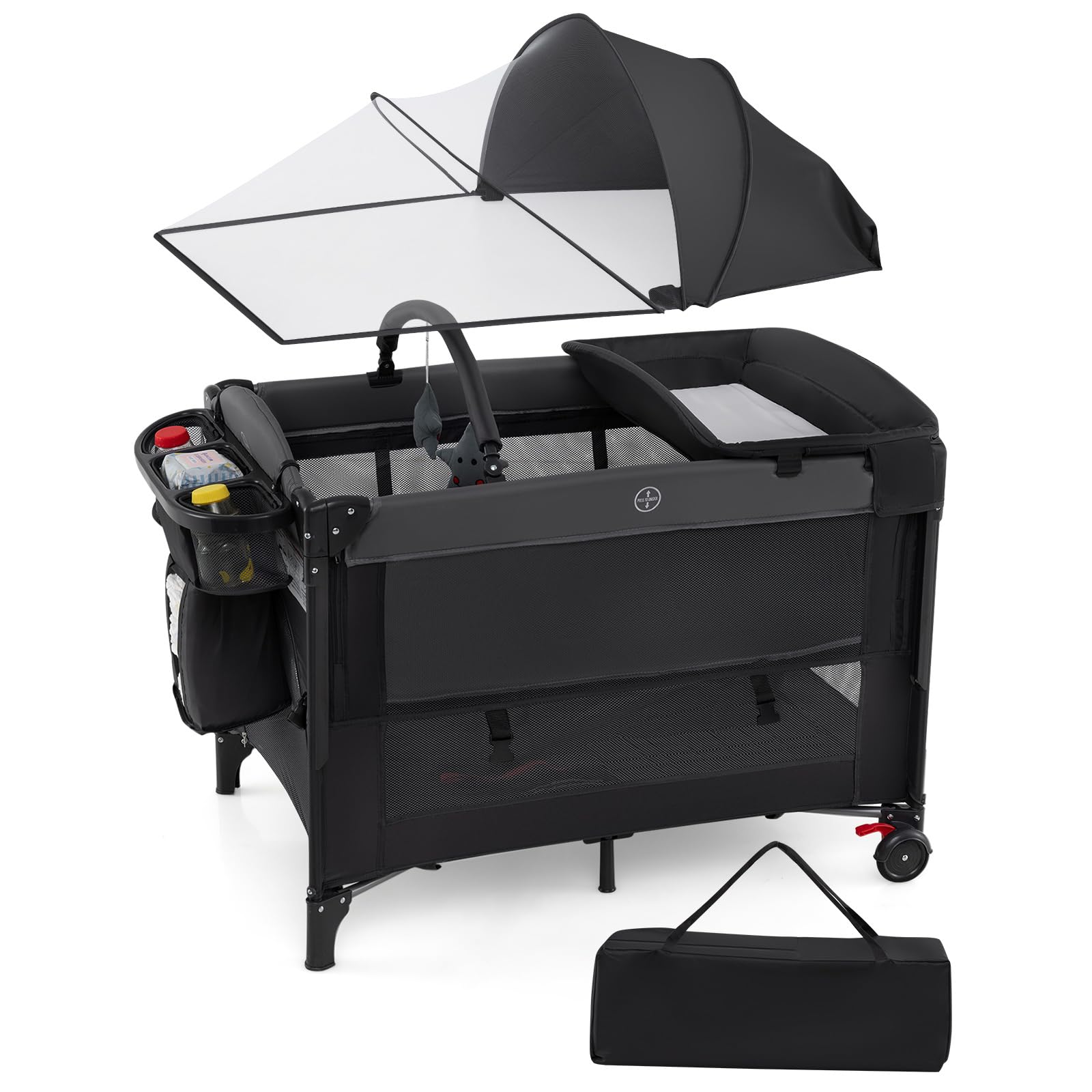 COSTWAY Cuna de Viaje Plegable con Cambiador, Moisés Portátil para Bebés, Cuna de Colecho con 4 Alturas Ajustables, Colchón, Dosel con Mosquitera, Almacenaje, Barra de Juguetes y Bolsa