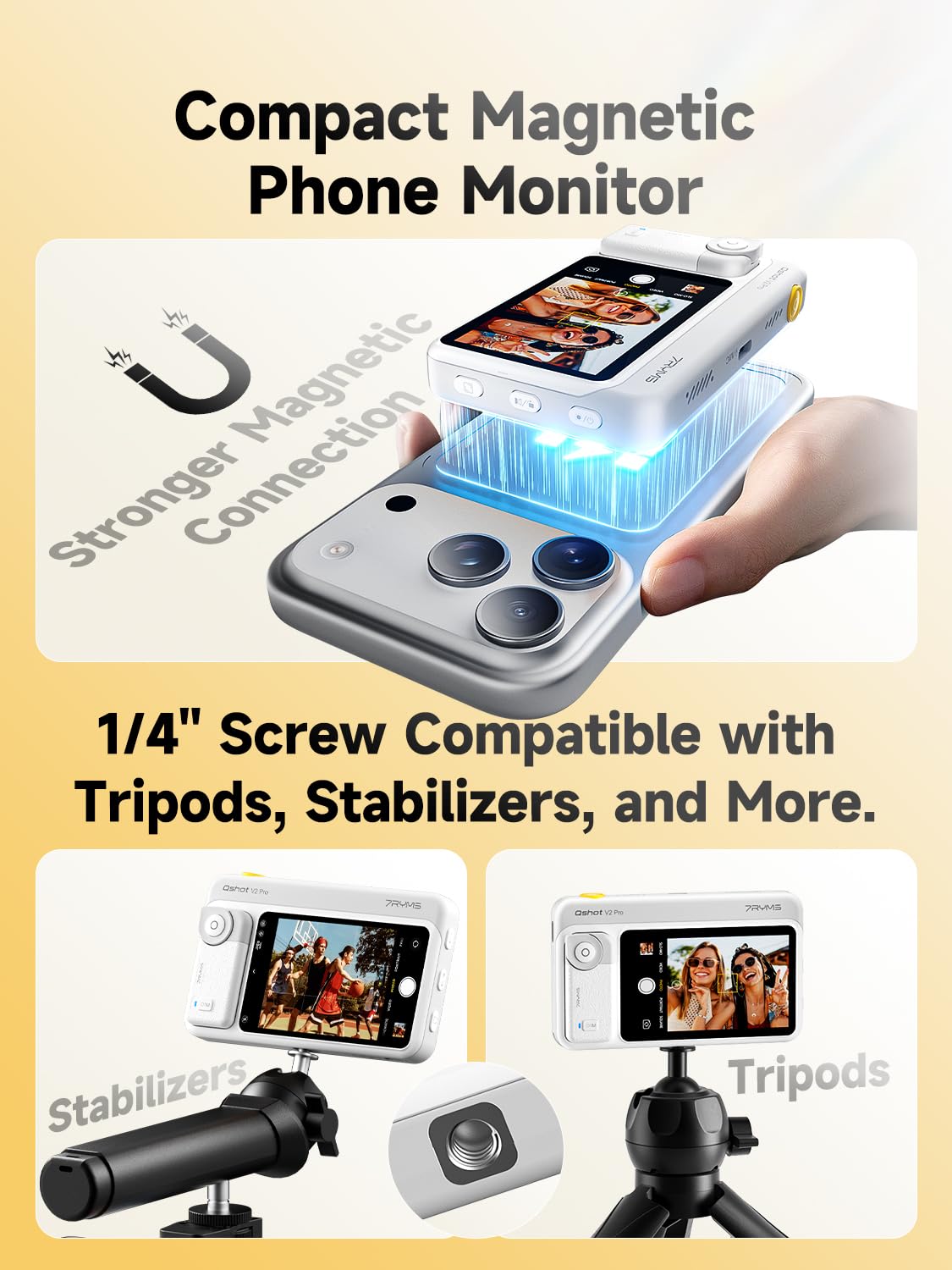 7RYMS Qshot V2 Pro Écran Selfie pour iPhone et Android, Moniteur Caméra Arrière 4K 30fps sans Fil / 4K 60fps Filaire, Télécommande sans Fil, pour Vlog, Live Streaming, TikTok, Youtube (Blanc)