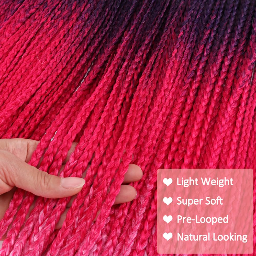 Box Braids Crochet Hair 24 Inch Pre Looped 3X Goddess 6 Packs Ombre Red Pink Box Braids Crochet Hair for Black Women Knotless Straight Braiding Hair Extensions(Purple/Red/Pink#)