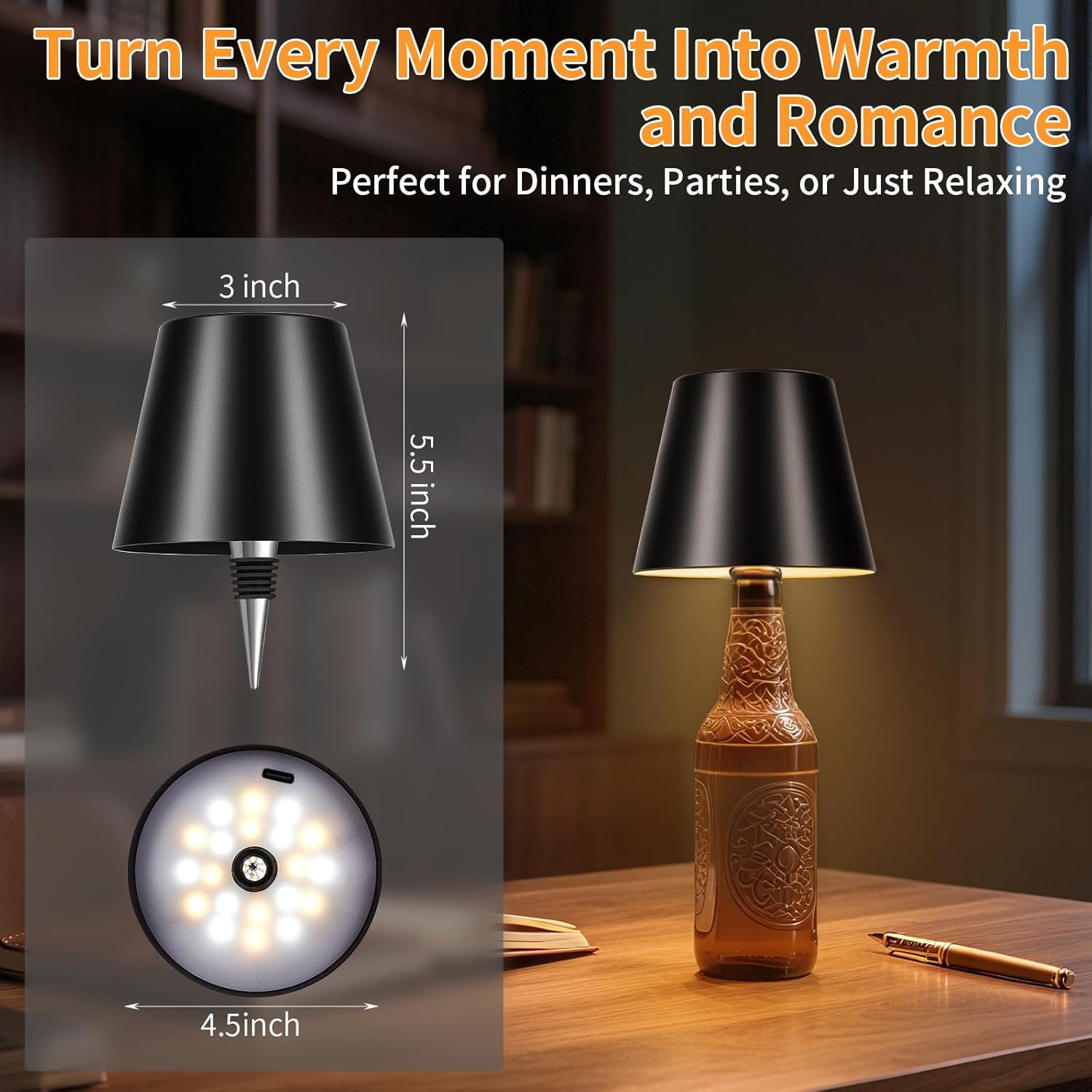Rechargeable Wireless Bottle Lamp - 3 Color Stepless Dimmable, Metallic Black Lampshade, 5H Bright Light or 48H Soft Glow,Ideal for Home Décor, Parties, Bar