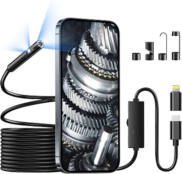 Endoscope Camera with Light 1 Interface with Lightining Adapter, Dual Lens 1920P Borescope Camera with 8+1 Adjustable LED Lights, Semi-Rigid Cable 16.5FT, IP67 Waterproof for iPhone, iPad, Samsung