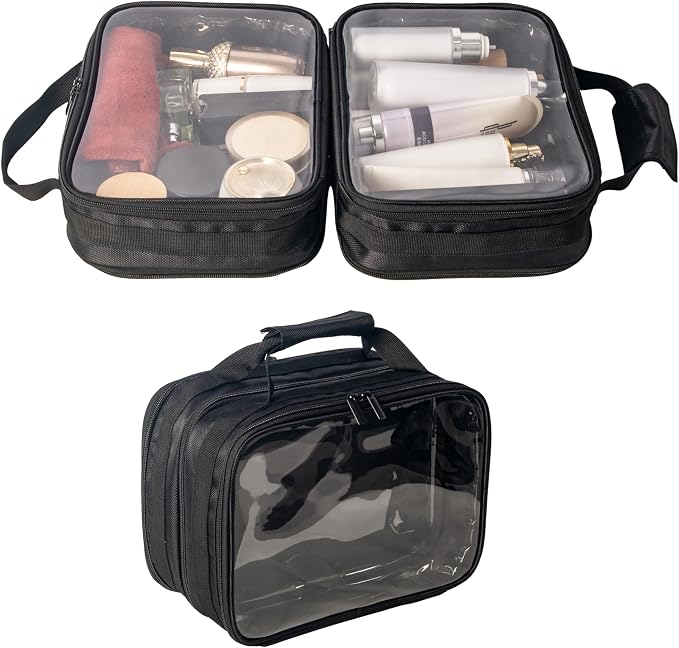 2 in 1 Double Compartments Travel Toiletry Pouch Clear Cosmetic Bag Makeup Kit Organizer Bag with Handle.
