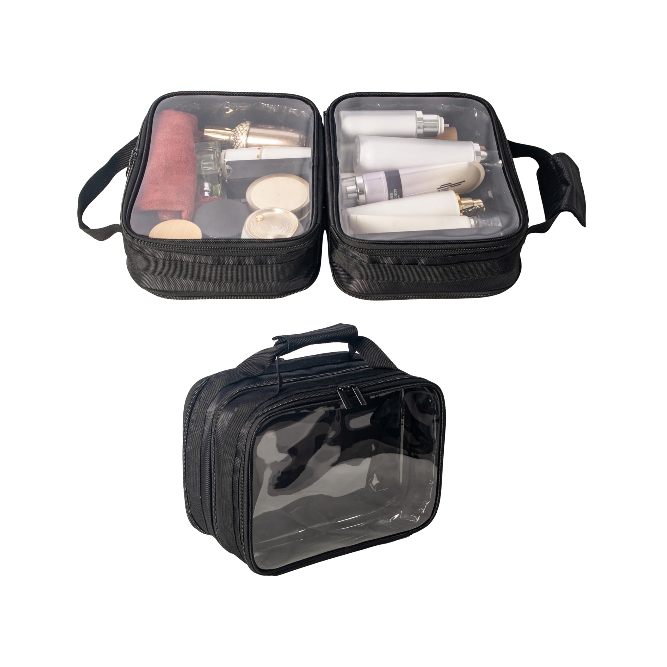 2 in 1 Double Compartments Travel Toiletry Pouch Clear Cosmetic Bag Makeup Kit Organizer Bag with Handle
