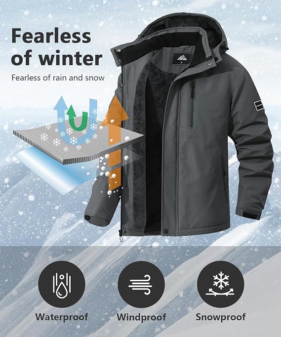 Men's Mountain Ski Jacket Warm Winter Snow Coat Waterproof Snowboarding Jacket Outdoor Windbreaker Hooded for Hiking
