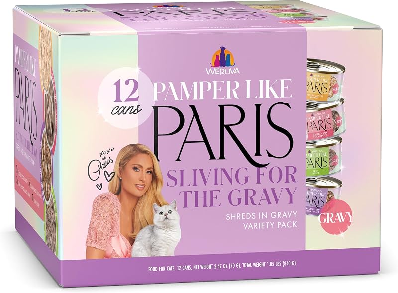 Ração úmida para gatos adultos Weruva Pamper Like Paris Sliving for The Gravy, sem grãos, 12 latas de 70 g