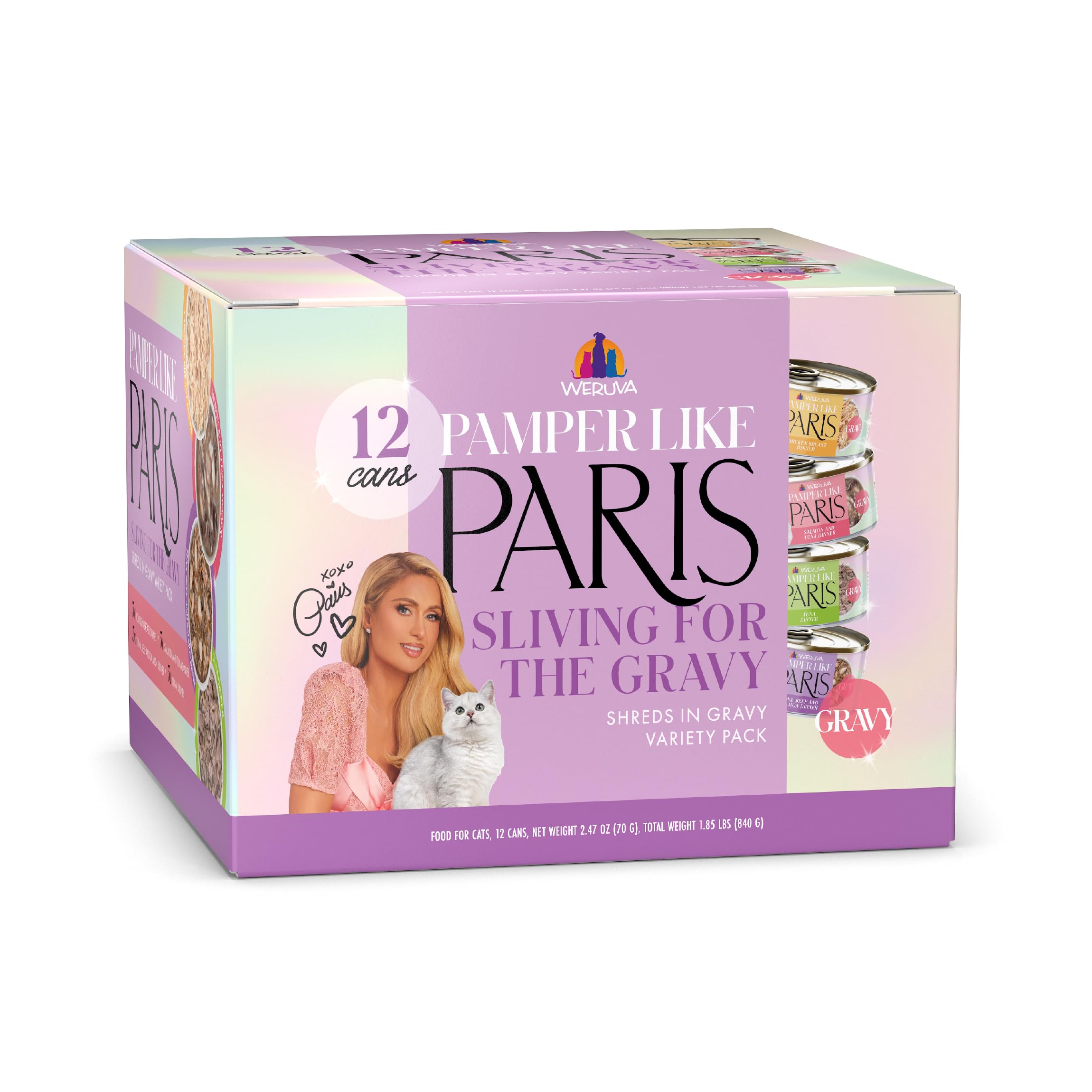 Weruva Paris Hilton Pamper Like Paris Natural Grain Free Wet Cat Food, Sliving for The Gravy Variety Pack, 2.47oz Can (Pack of 12)