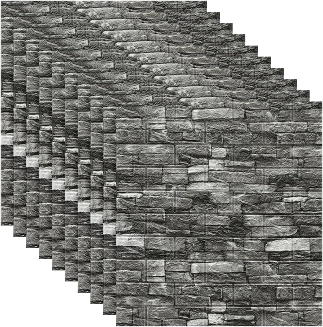 3D Brick Foam Panels 27.5 x 30.3 Inch - 10pcs Faux Stone Wall Panel Self-Adhesive Textured Wall Tiles for Kitchen Living Room Home Decor, Brick Black