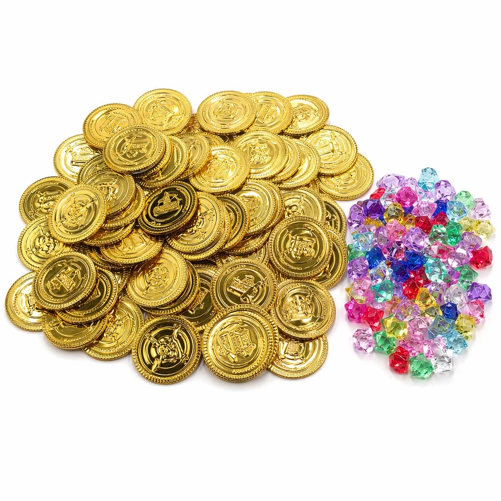 LCOLYDM 200 Pcs Pirate Treasure with 100 Plastic Gold Coins and 100 Fake Gems, Treasure Chest Filler, Pirate Party Bag Fillers, Small Hunt Kit, Golden Tokens, Decorative Plastic Jewelry