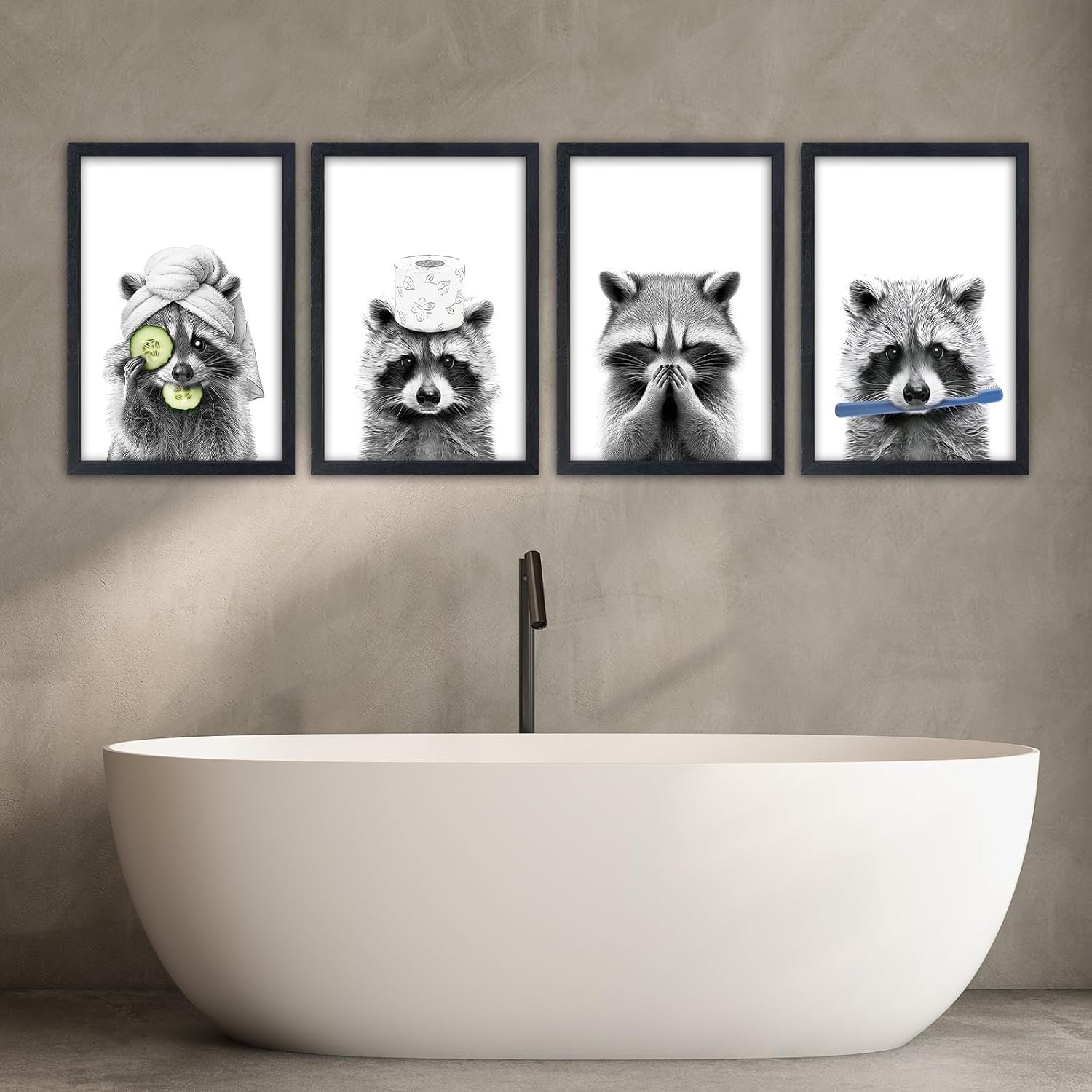 SRSZHIYUE Funny Raccoon Bathroom Wall Decor 16"x11" Set of 4 Bathroom Laundry Room Art Humorous Restroom Toile Animal Prints Sign Above the Bathtub Wall Hanging Art Decoration（Black）