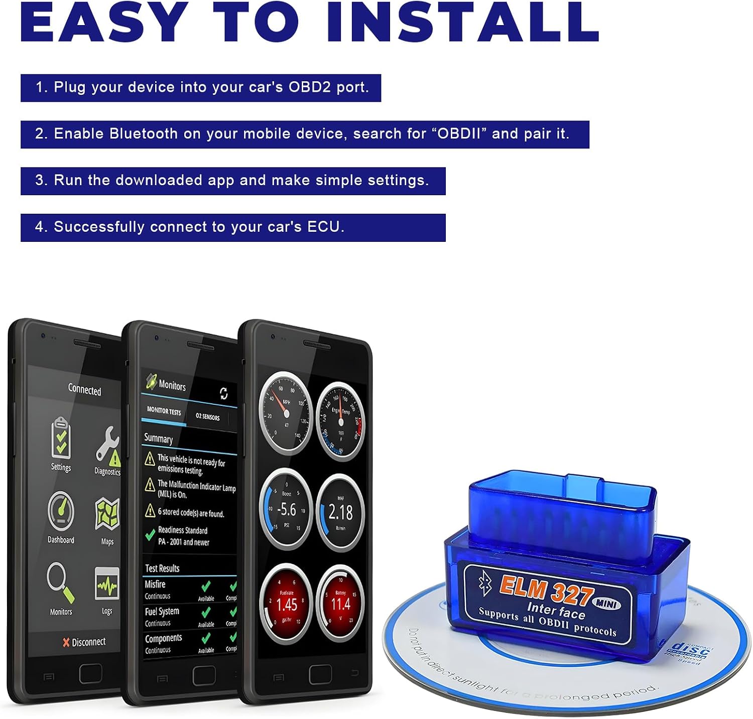 2 PCS ELM327 OBDⅡ Car Auto Diagnostic Scanner, Mini Bluetooth Scan Tool Automotive Failure Detector, Professional Wireless Engine Fault Code Reader for Most OBDII Vehicles (2 PCS)