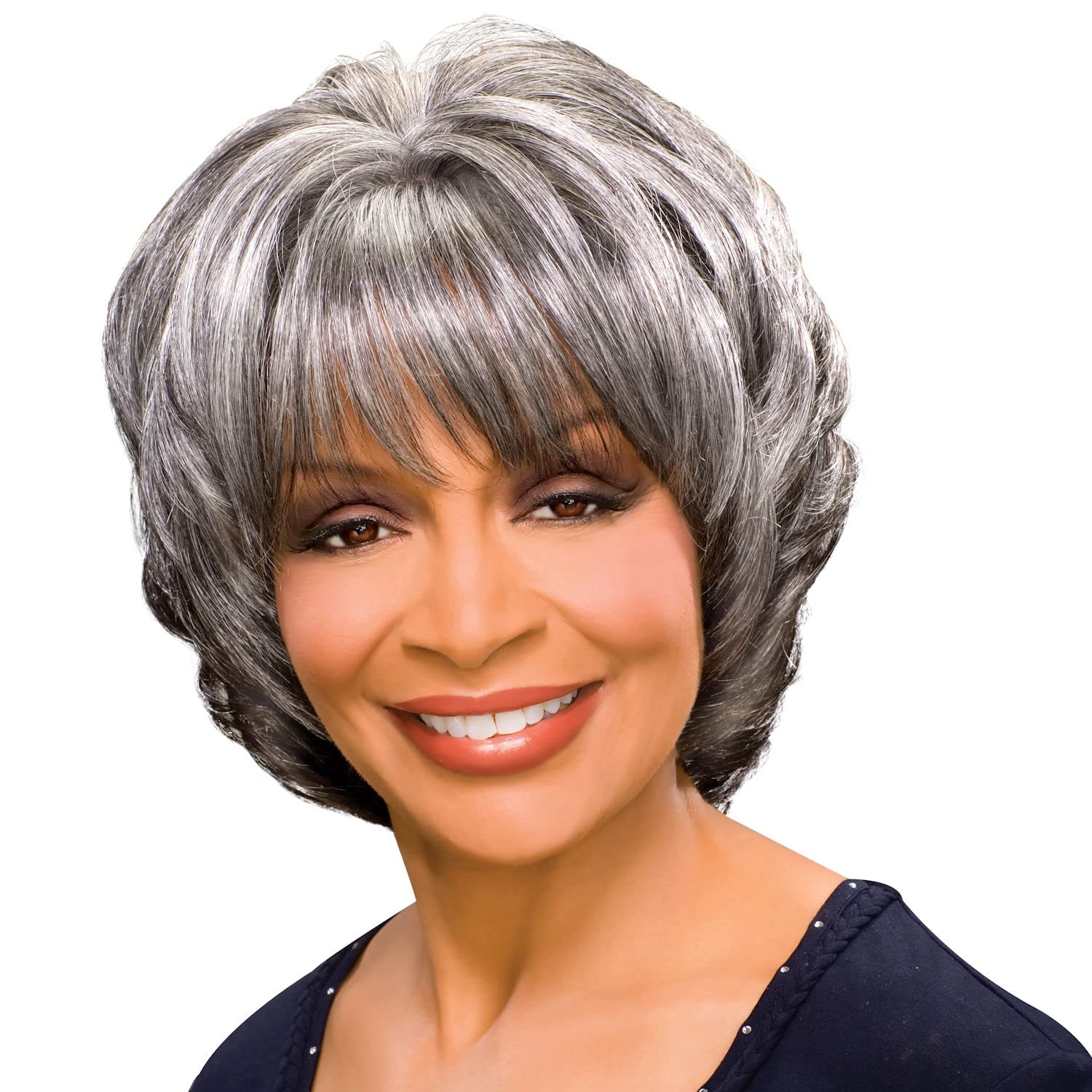 Margaret Wig Color 1B - Foxy Silver Wigs Mid Length Shag Cut Synthetic Feathered Bangs African American Alluring Womens Lightweight Average Cap