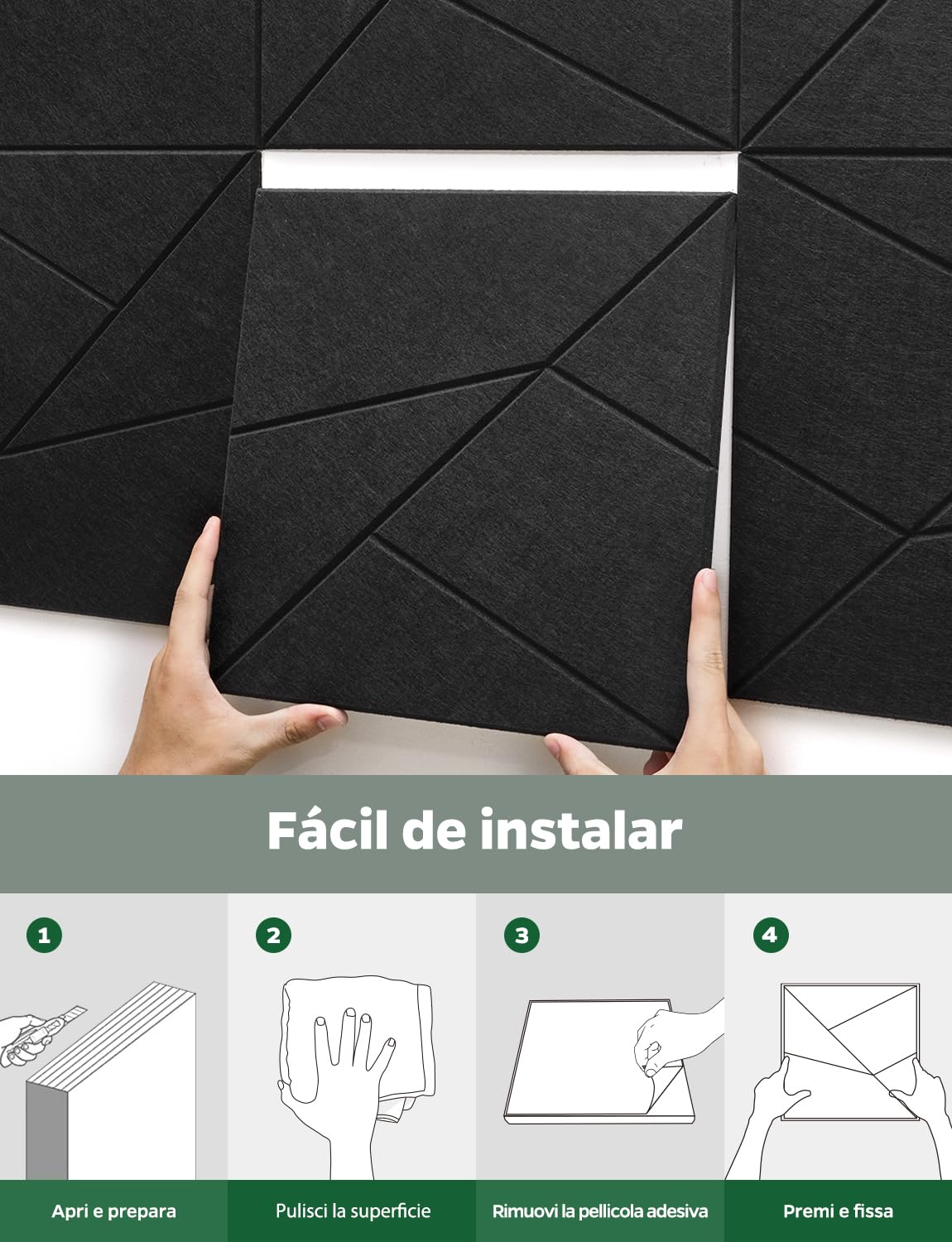 Pannelli Fonoassorbenti Autoadesivi, Confezione da 18 Pezzi, Decorativi Righe Acustico Pannello per Pareti e Porta, Fonoassorbente Parete Panels per Studio, Stanza, Ufficio (Nero, 30x30x0,9 cm)