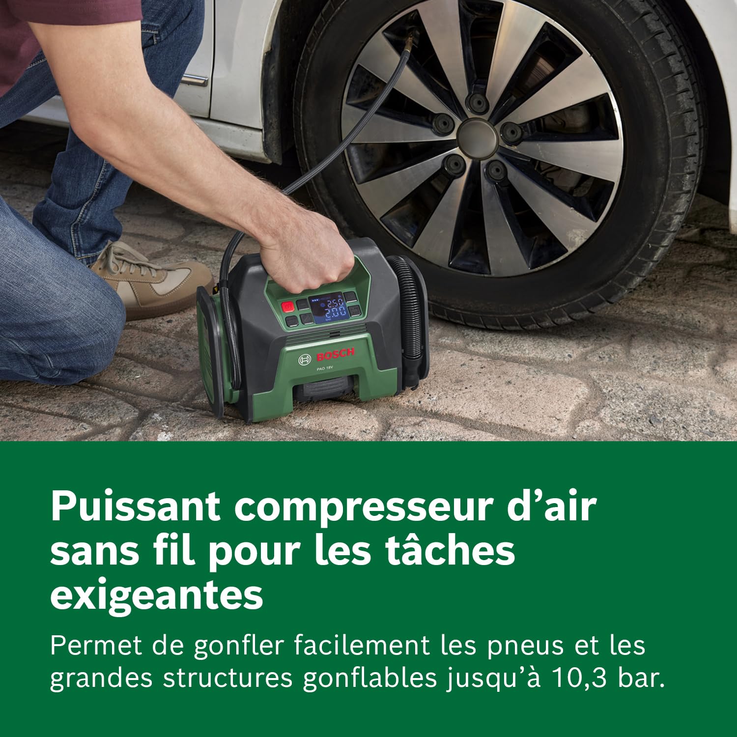 Bosch Compresseur d’air sans fil PAO 18V (des pneus aux grands objets gonflables ; avec clip de pompe à air pour valve de pneu, valve française (Presta), aiguille à ballon, adaptateur de débit)