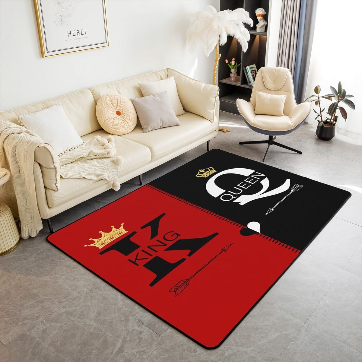 Erosebridal Black White Couple Area Rug 3x5, Valentine's Day Wedding Rectangular Carpet for Adults Women Men, King Queen Crown Non Slip Indoor Floor Mat for Living Room, Gifts Her His Decorative Rug