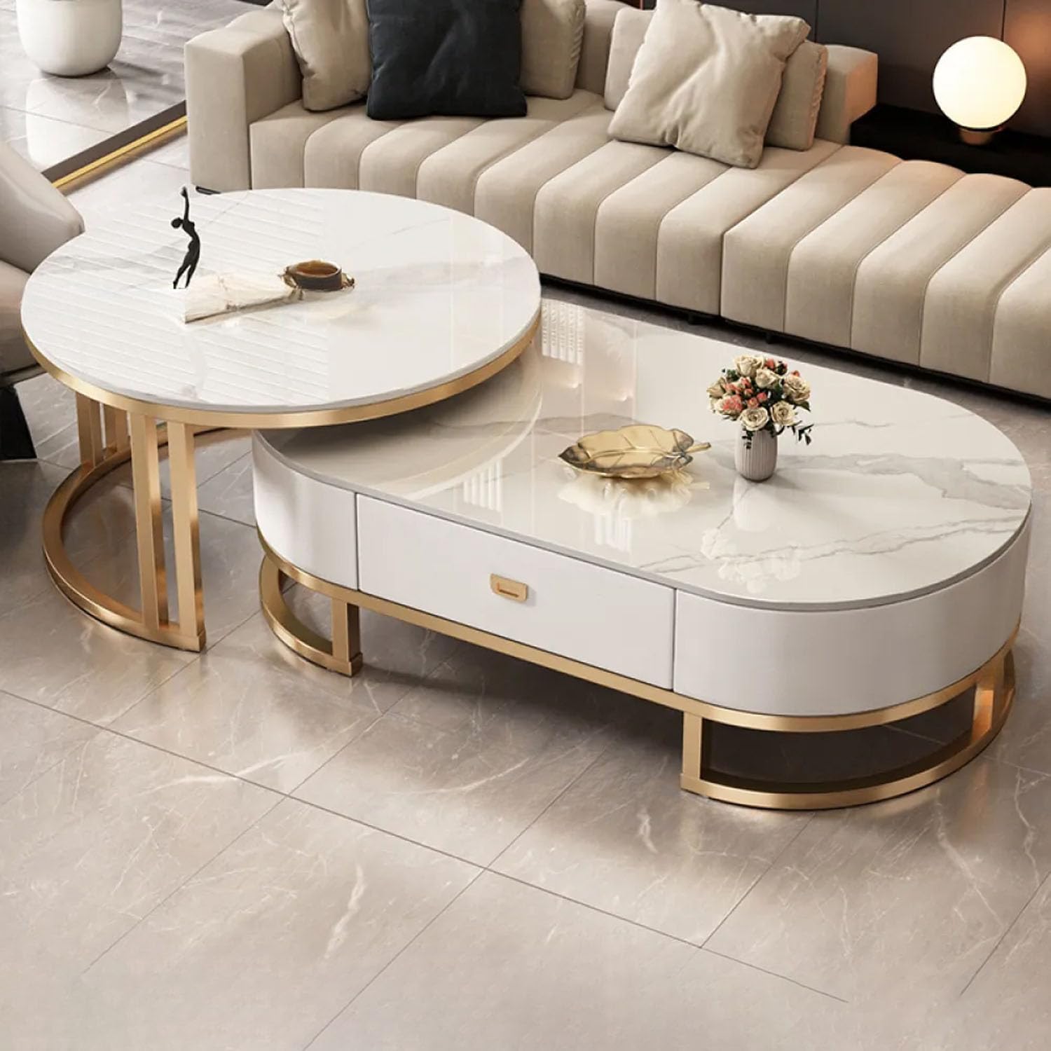 Oval Stone Stacking Nesting Coffee Table Set For Living Room, Modern Steel Frame Nested Coffee Table, Cocktail Table With Drawer, Stacking (J, 39.5"L x 19.5"W x 16"H + 27.5"L x 27.5"W x 18"H)