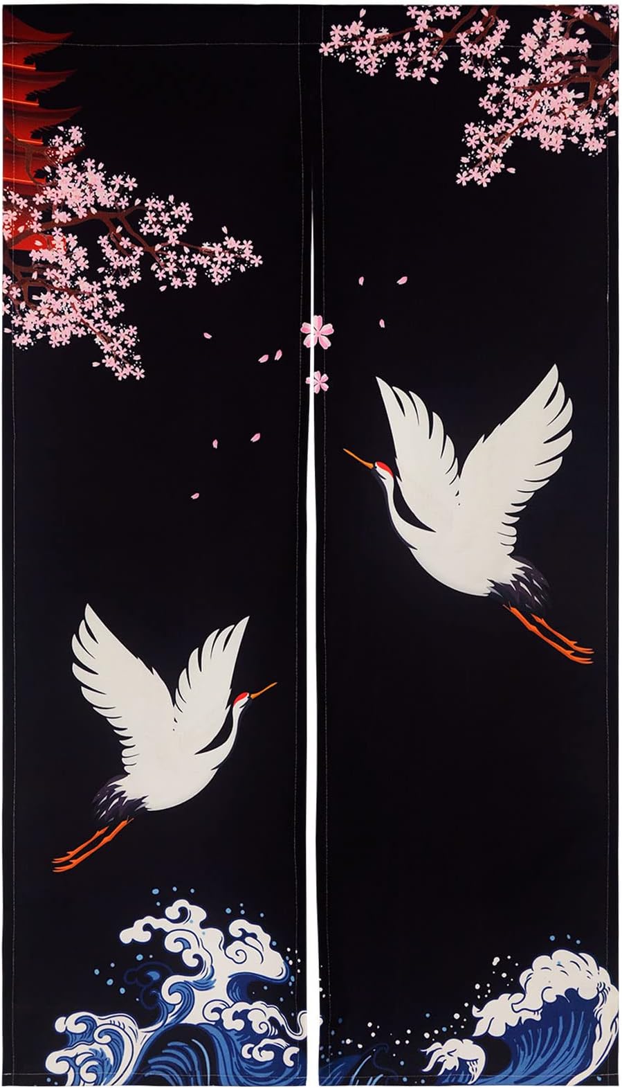 LIGICKY Noren Doorway Curtain Japanese Style Cranes Waves Cherryblossom Printed Cotton Linen Window Treatment Door Tapestry for Home Decoration 33.5" Width x 59" Long, Black