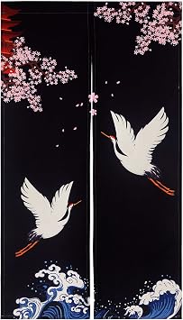 LIGICKY Noren Doorway Curtain Japanese Style Cranes Waves Cherryblossom Printed Cotton Linen Window Treatment Door Tapestry for Home Decoration 33.5" Width x 59" Long, Black