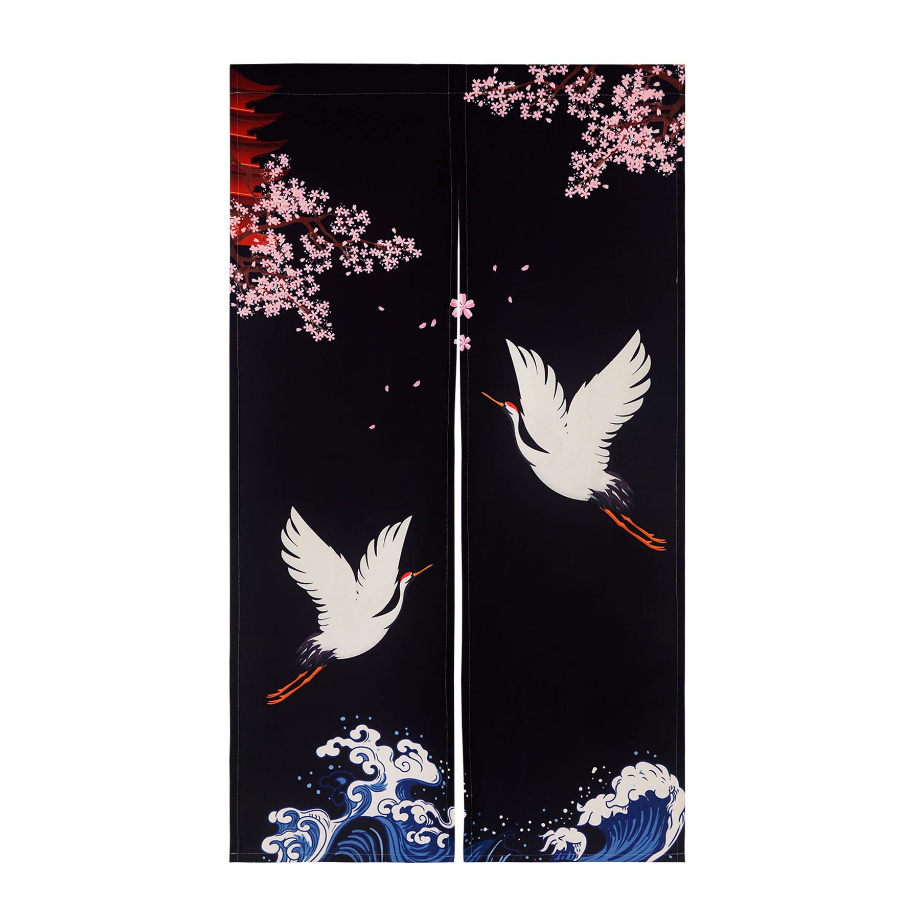 LIGICKY Noren Doorway Curtain Japanese Style Cranes Waves Cherryblossom Printed Cotton Linen Window Treatment Door Tapestry for Home Decoration 33.5" Width x 59" Long, Black