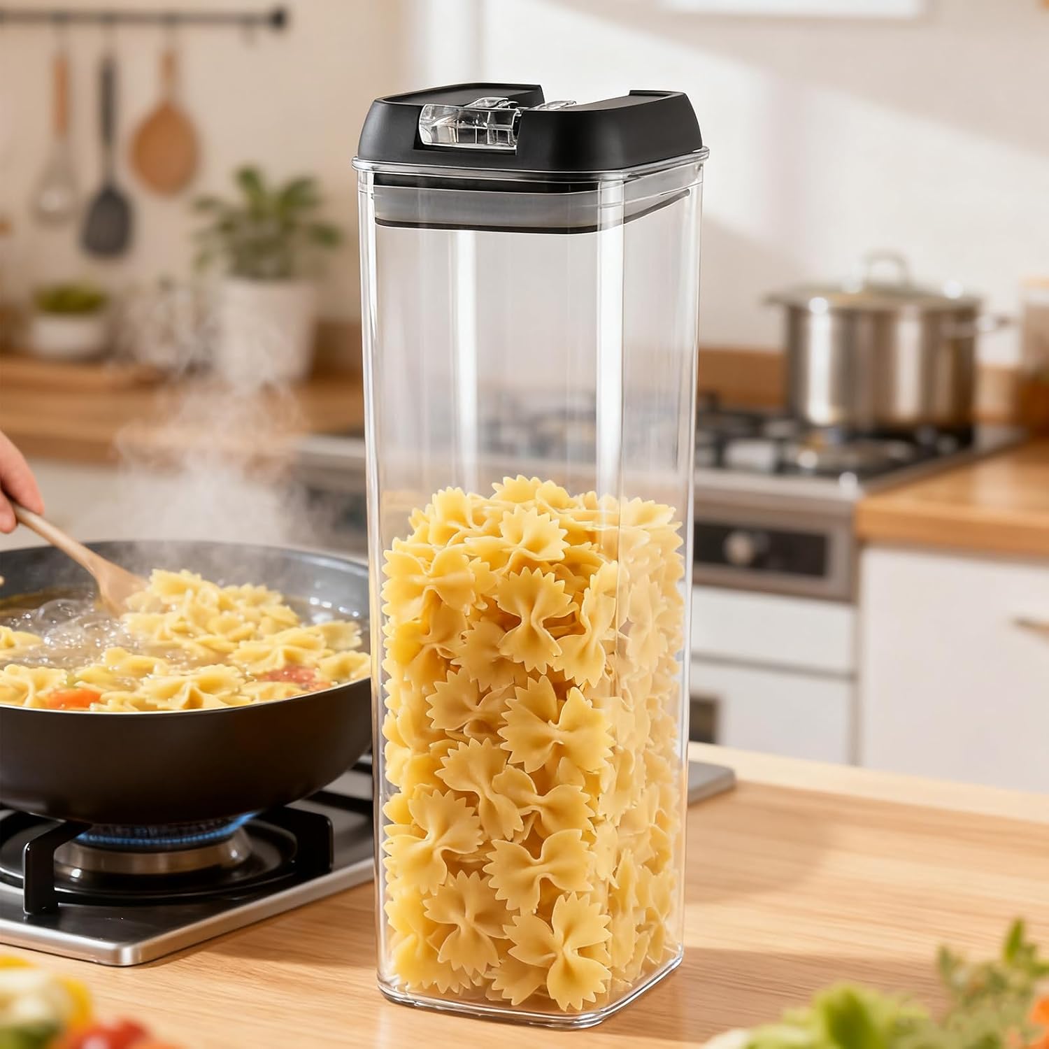 MUKSEUT 4 Pack 1.9L Airtight Food Storage Container, Spaghetti Storage Box with Lid, Kitchen Pantry Organization Canisters, Cereal Storage Jar for Tea, Sugar, Coffee, Cereal, Pasta, Nuts image 5