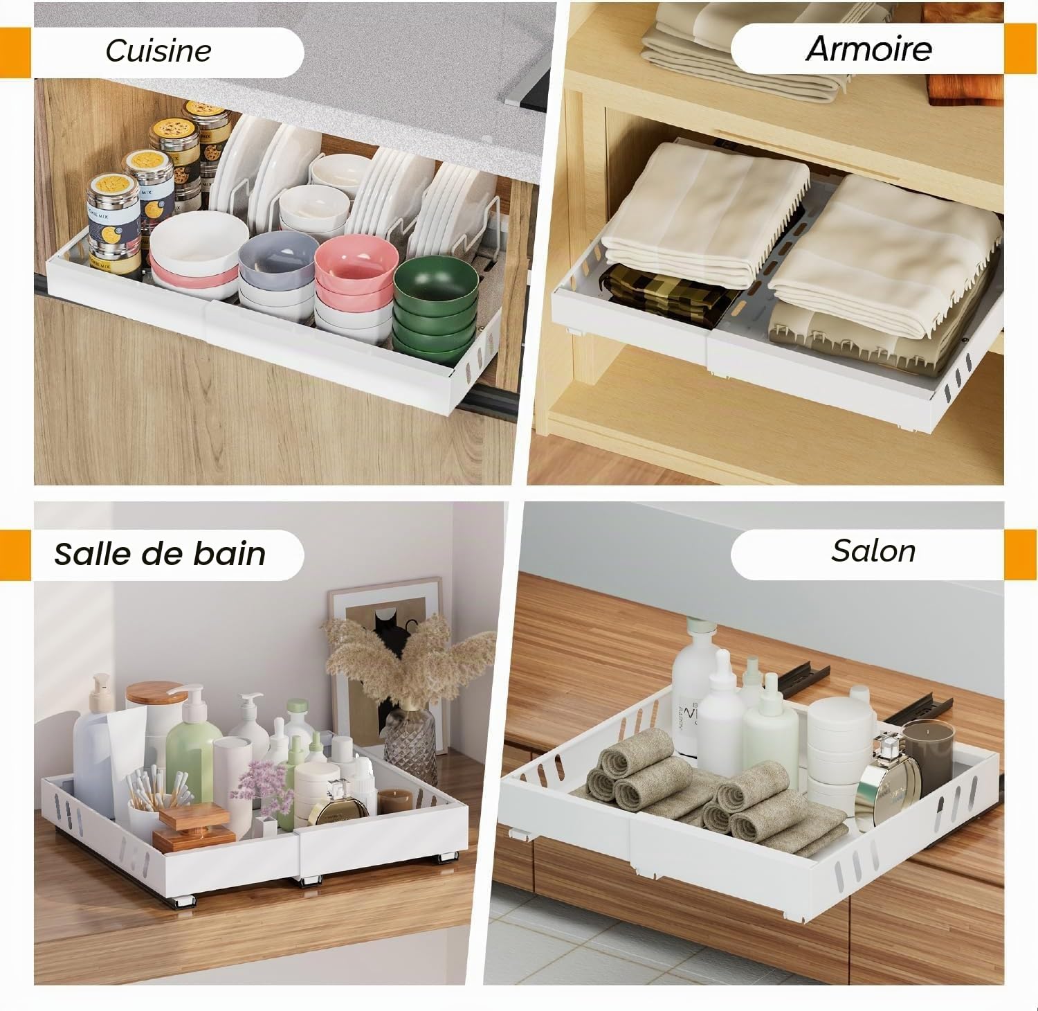 iHomara Pack de 2 organisateurs de placard extensibles avec adhésif, tiroirs coulissants pour cuisines, étagères coulissantes pour l'organisation, largeur réglable de 32 à 53 cm