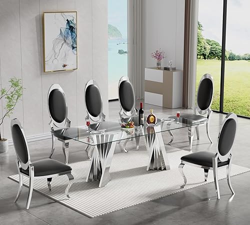 Miniatura 16 de SSLine Moderno juego de mesa de comedor de cristal de 7 piezas para 6 mesas de cocina y sillas de cristal dorado de lujo para 6 elegantes mesas de