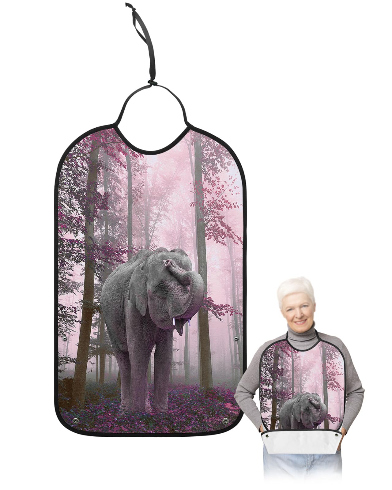 Rose Red Maple Leaf Forest Adult Bibs for Eating, Waterproof Bibs with Food Catcher & Adjustable Snap Closure, Autumn Farmhouse Elephant Washable Clothing Protectors Adult Bibs for Elderly Women/Men