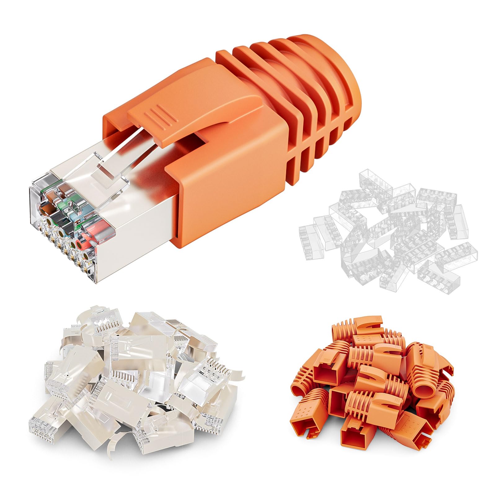 FGB 10Gbps RJ45 Stecker CAT 7 CAT 6A, 20 Stück Netzwerkstecker, Pass-Through & Geschirmt, 50μ Vergoldet,Lan Stecker für Verlegekabel AWG23 POE