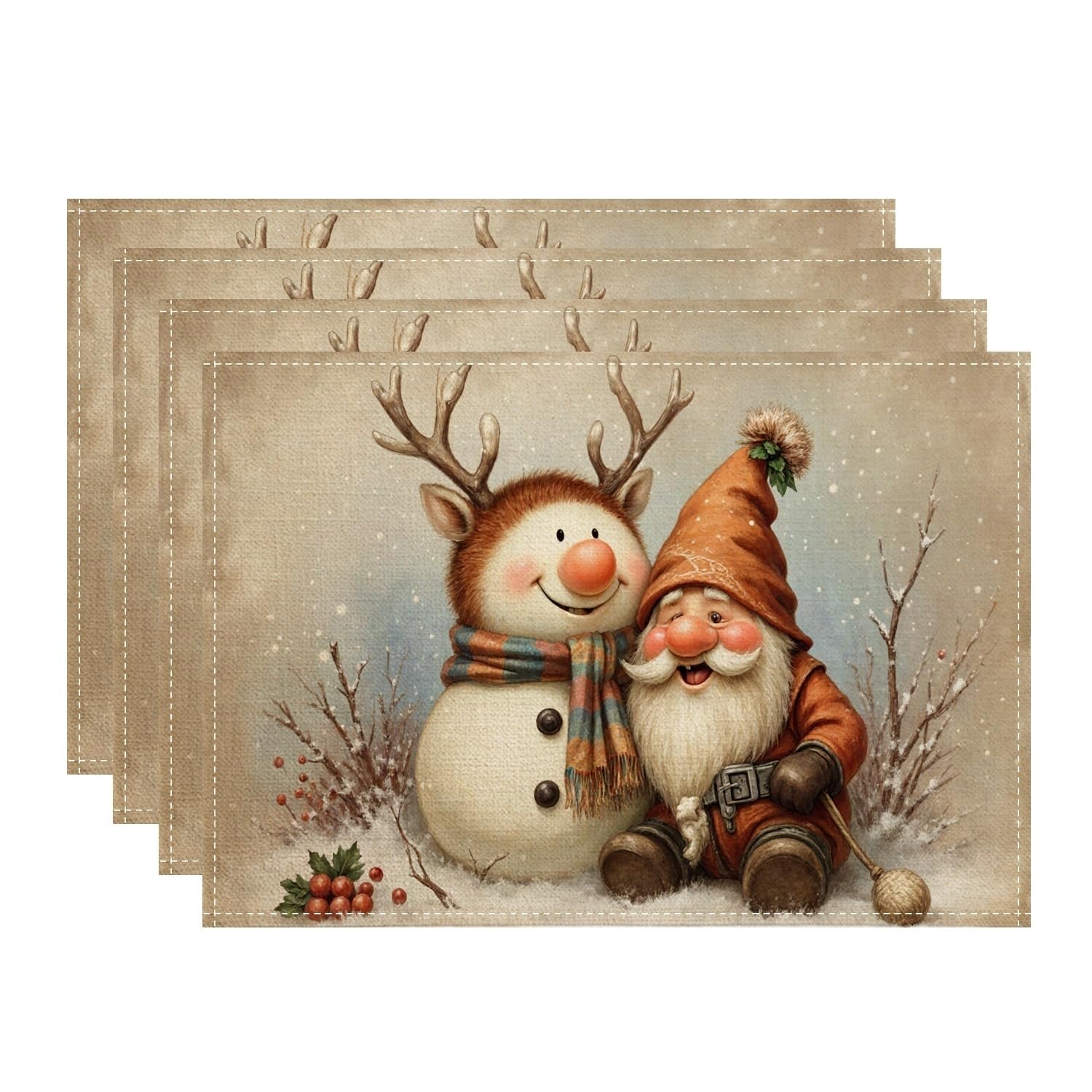 Christmas Snow Man and Reindeer Placemats, Cute Fanciful Holiday Table Mats for Dining, Festive Non-Slip Washable Indoor Outdoor Kitchen Party Decorative Placemat Set of 4