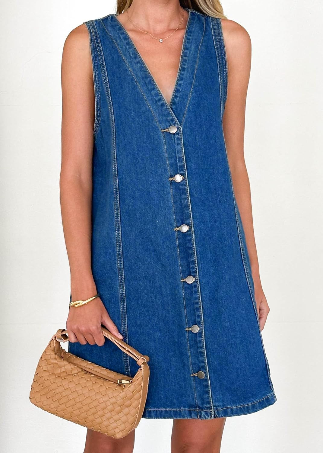 yoeasy Women's Summer Casual Denim Mini Dress Button Down Sleeveless A line Jean Tank Dresses - Image 6