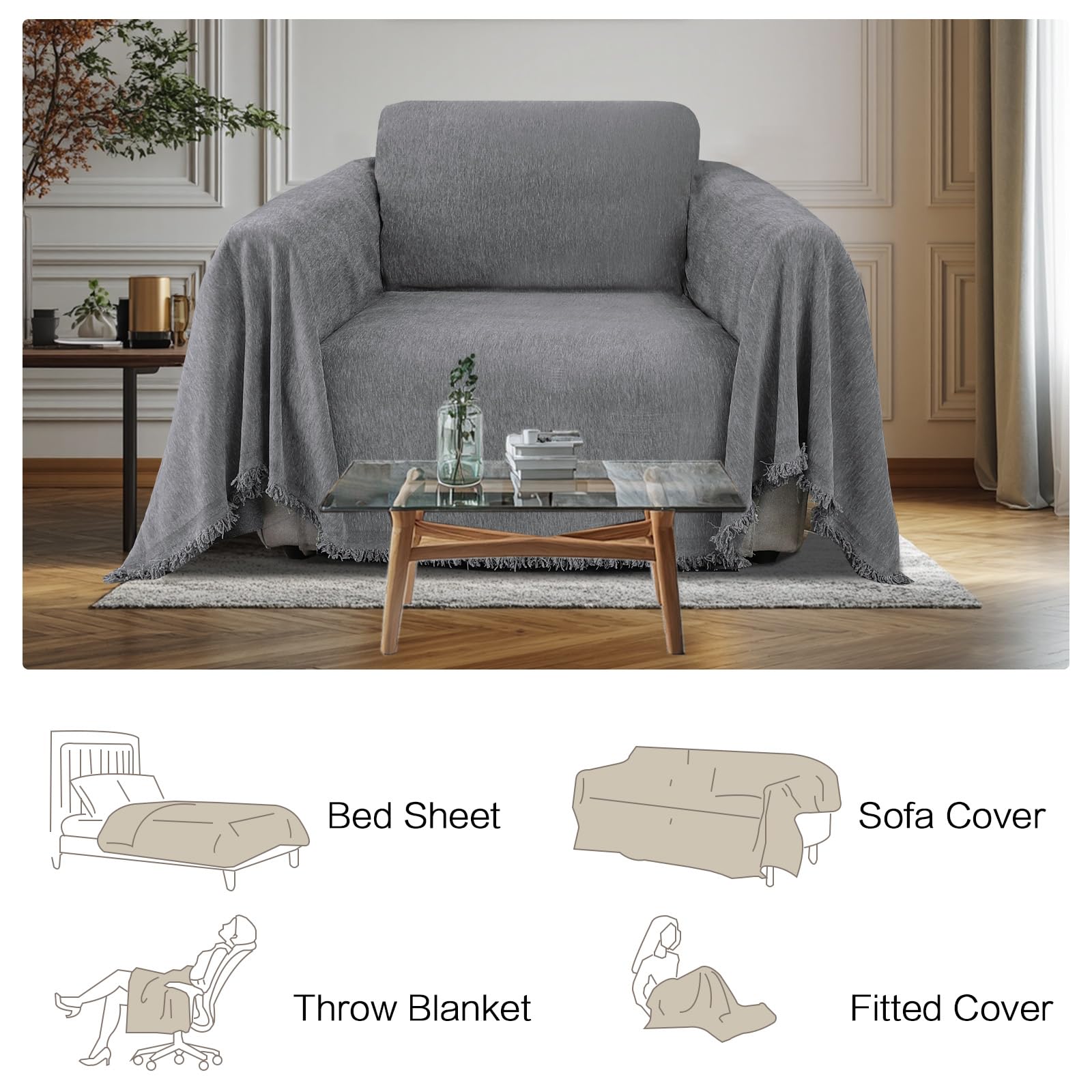 BellaHills Ciniglia Copridivano Impermeabile, Antigraffio Gatto Divano, Copridivano Mobili Protector, Copridivani Resistente Alle Macchie E Ai Graffi per Cani e Gatti, (Grigio, 180 x 230cm)