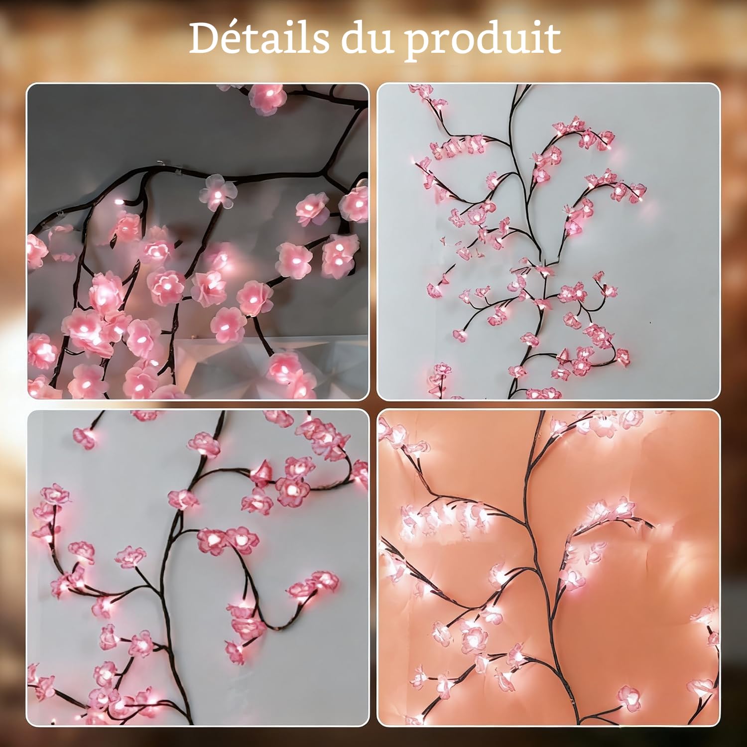 Guirlande de fleurs de cerisier 144 LED, télécommande et 8 modes lumineux | Décoration murale lumineuse, alimentation USB pour branchement direct, adaptée à la chambre à coucher et au salon