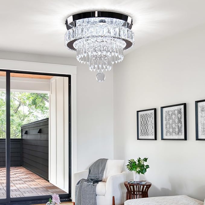 Finktonglan Finktonglan Moderne kristallen kroonluchter, led-kristallen plafondlamp, vlakke montage, kristallen kroonluchter voor slaapkamer, woonkamer, hal, 6500 K, koel wit photo 3