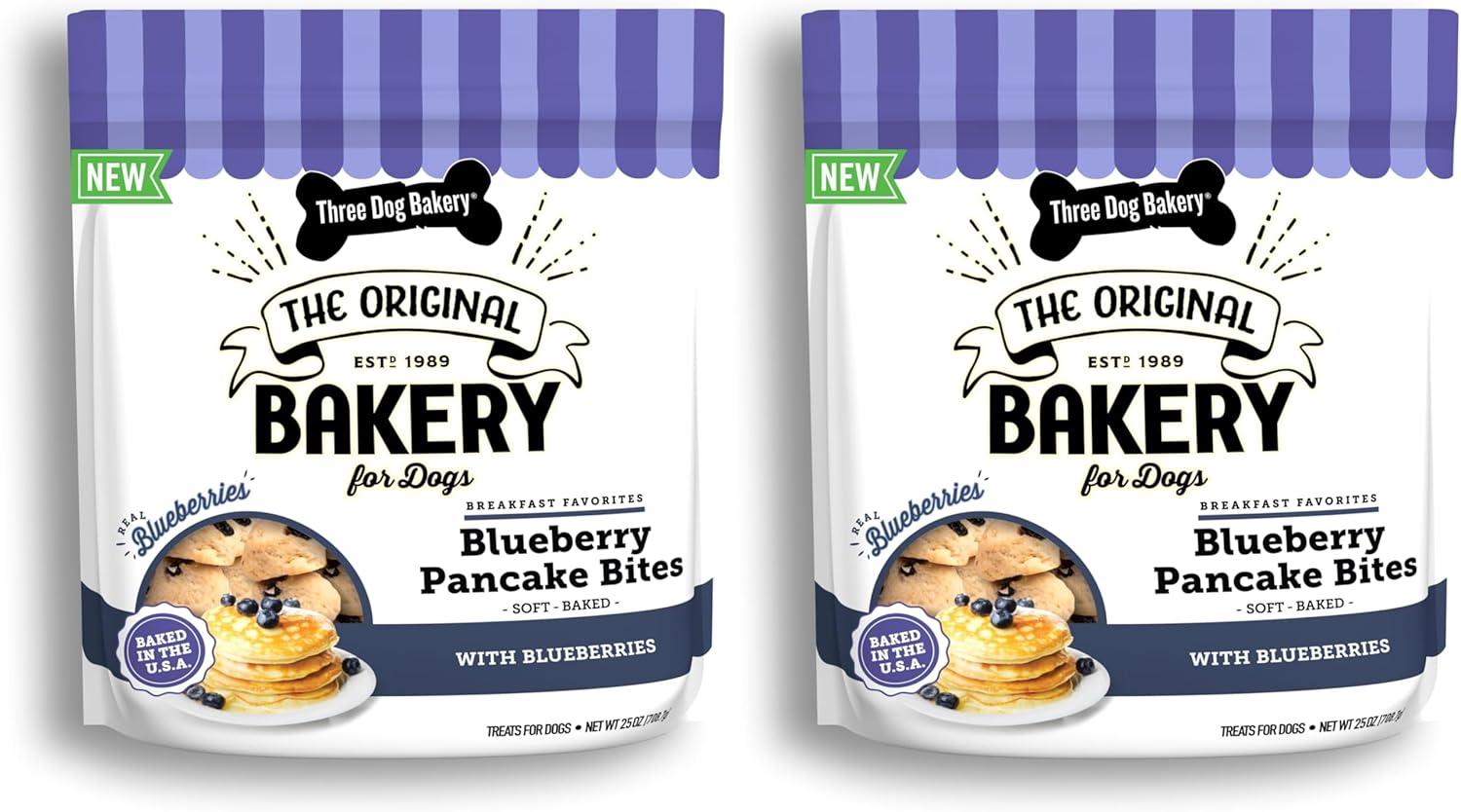 Three Dog Bakery Blueberry Pancake Bites,Treats with Real Blueberries & Vanilla,Mess-Free Snacks & Training Cookies for Dogs-& Puppies,Human-Inspired,(Pack of 2)