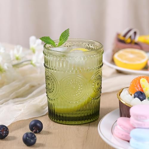 Miniatura 5 de Juego de 4 vasos de vidrio vintage para beber de 10.5 onzas, vasos de agua verdes en relieve, para jugo, cerveza, cóctel, whisky, varias bebidas