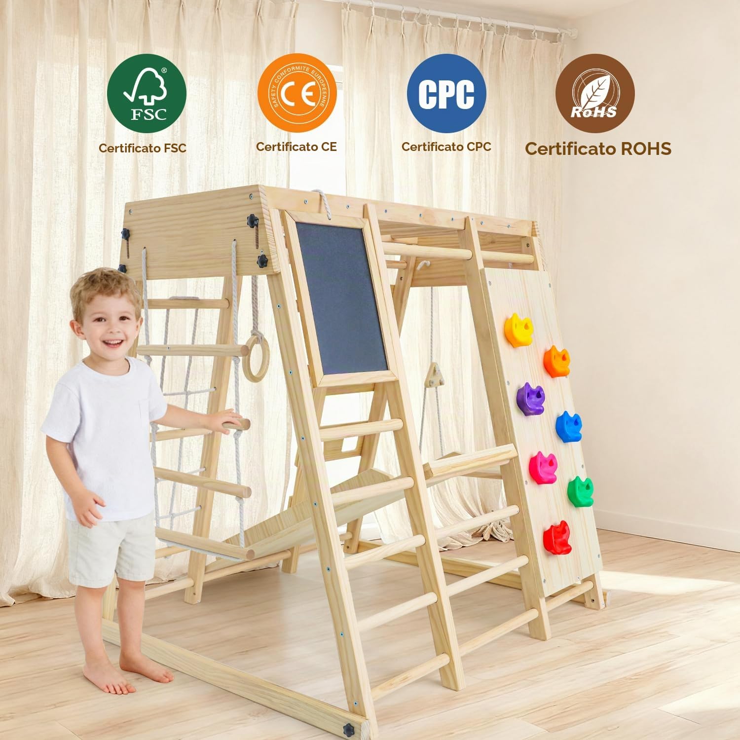 Maxi Telaio da Arrampicata per Interni, Bambini dai 1 anno in su, 10 in 1 Telaio da Arrampicata per Bambini, Montessori Parco Giochi, Lavagna, Oscillazione, Skateboard, Parete da Arrampicata