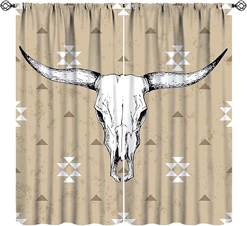 Miniatura 10 de Cortinas occidentales con diseño de calavera de toro, estampado de arte azteca bohemio para dormitorio, sala de estar, cocina, decoración con