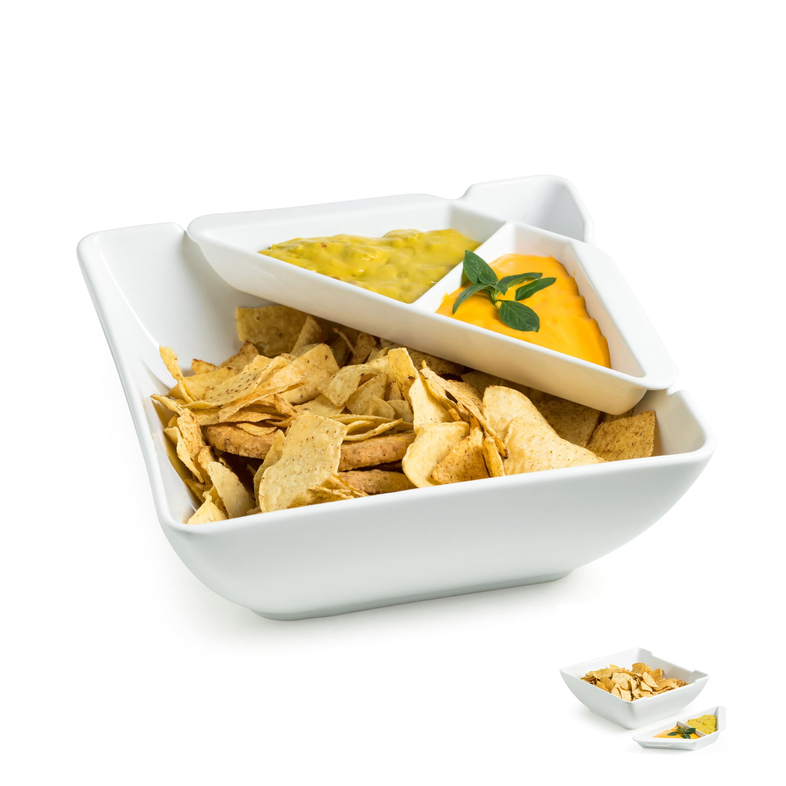 Gomakren Chips and Dip Serving Dish, White Serving Bowl, 2.8 Quart Large Serving Bowl for Entertaining, Square Mixing Bowl Salad Bowl, Porcelain Serving Dish with Dipping Sauce Tray