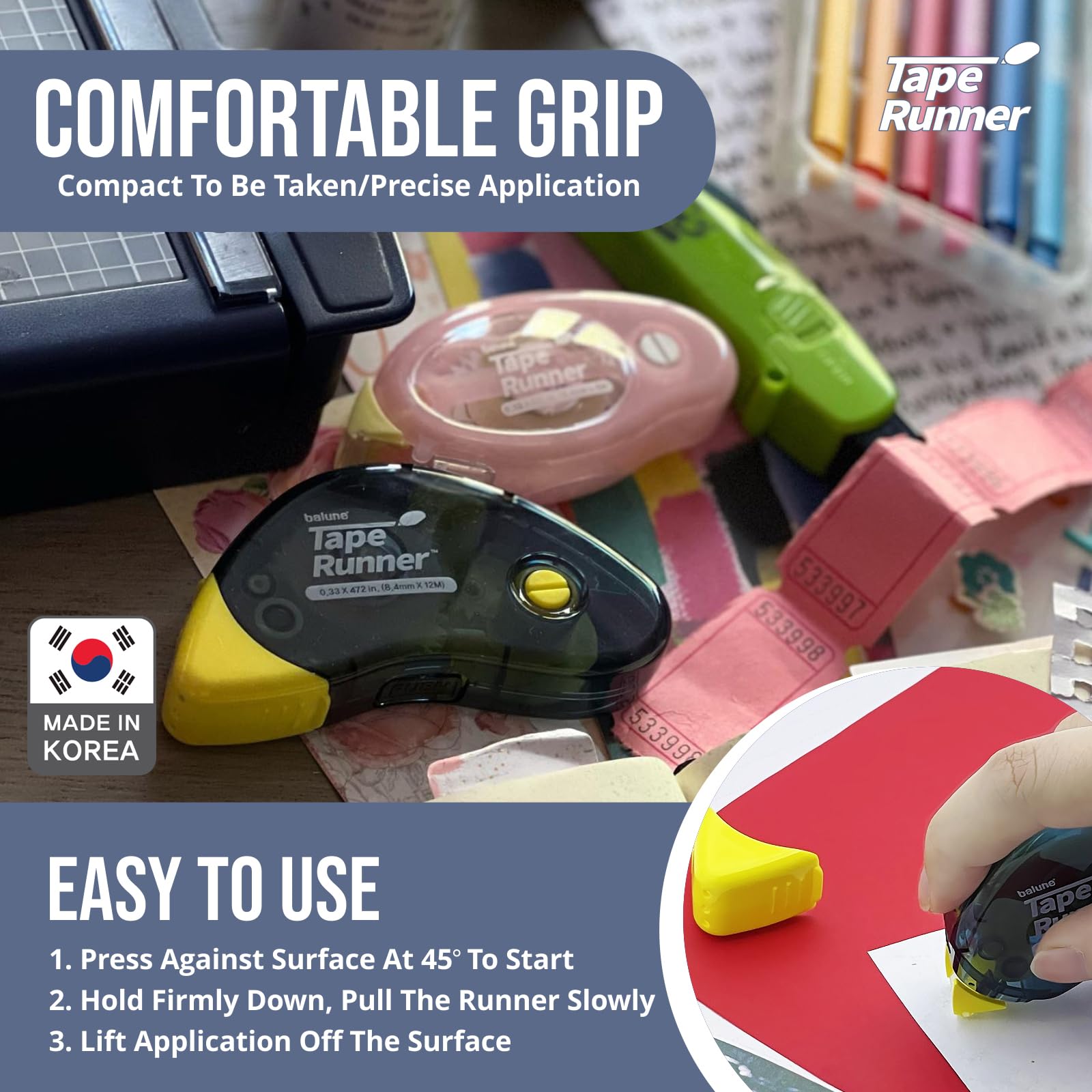 Tape Runner - Adhesivo de doble cara con rodillo dispensador incluido - Sin ácidos, pegajoso, transparente y transparente - Ideal para álbumes de recortes, manualidades y más - Boomerang (417 pulgadas