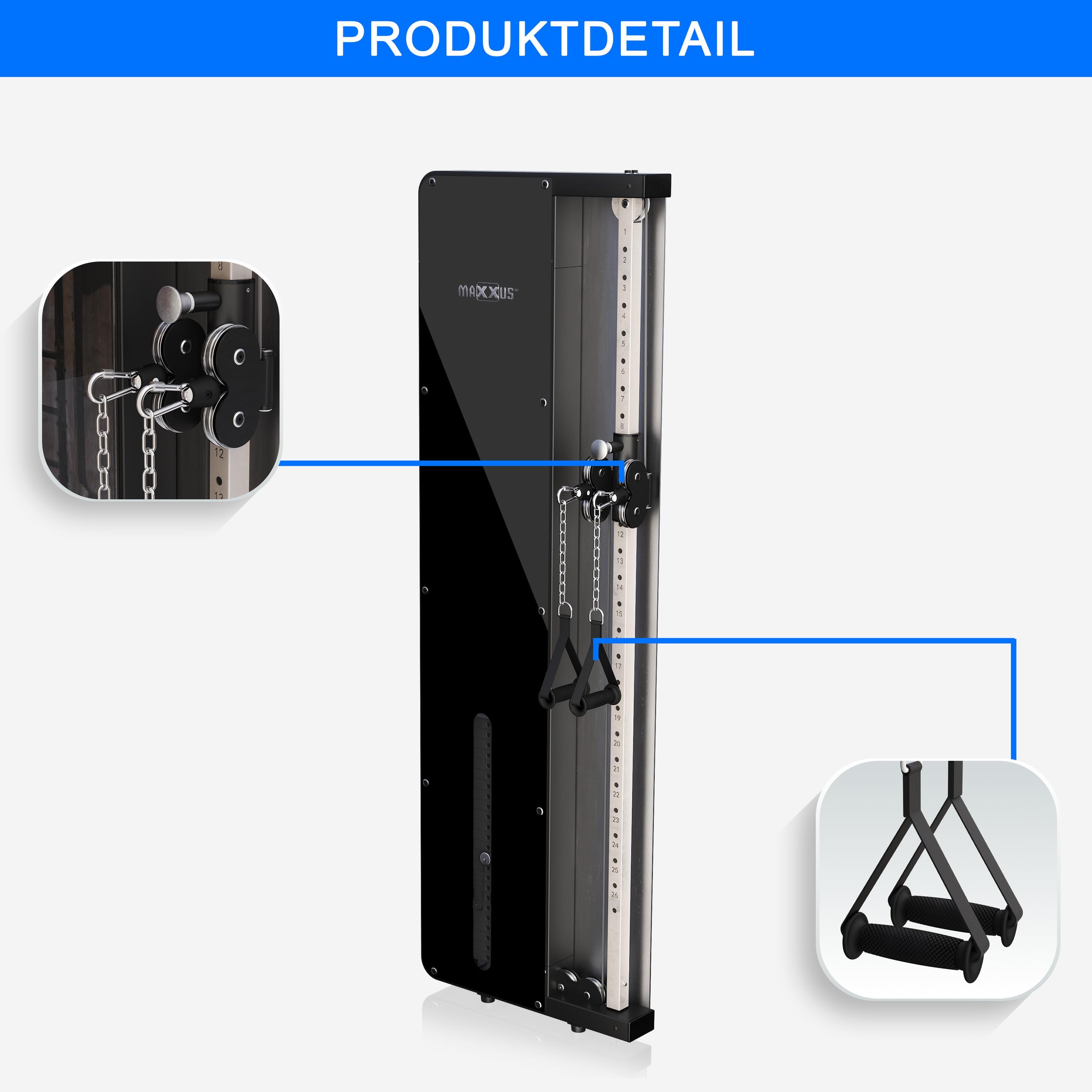 MAXXUS SmartGym H1 / H8 Kabelzugstation - Wandmontage, Gewichtsplatten, Handgriffe, Kettenverlängerungen, Stahl - Kraftstation, Kabelturm, Seilzug Turm, Latzugstation Zuhause, Fitnessgerät, Homegym